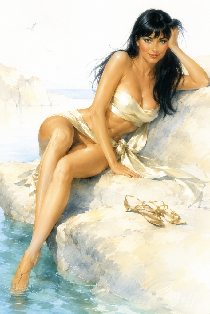 coast,pinup,pinupart,vintagepinup,glamourart,digitalart,aiart,natachastyle,mediterraneanbeauty,berardinisstyle,whitebackdrop