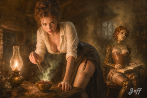 sherlock_holmes, victorian_pinup, airbrush_illustration, gibson_girl, gynoid_watson, cornish_cottage, devils_root, supernatural_mystery, violet_smoke, candlelight