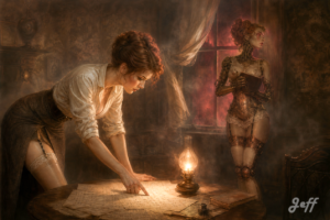 sherlock_holmes, victorian_pinup, airbrush_illustration, gibson_girl, gynoid_watson, london_boarding_house, secret_society, coded_message, crimson_signal, gas_lamp