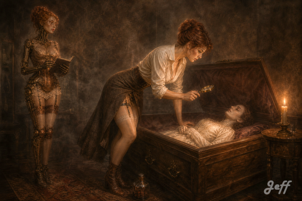 sherlock_holmes, airbrush_illustration, gibson_girl, gynoid_watson, foggy_atmosphere, victorian_interior, coffin_mystery, belle_epoque