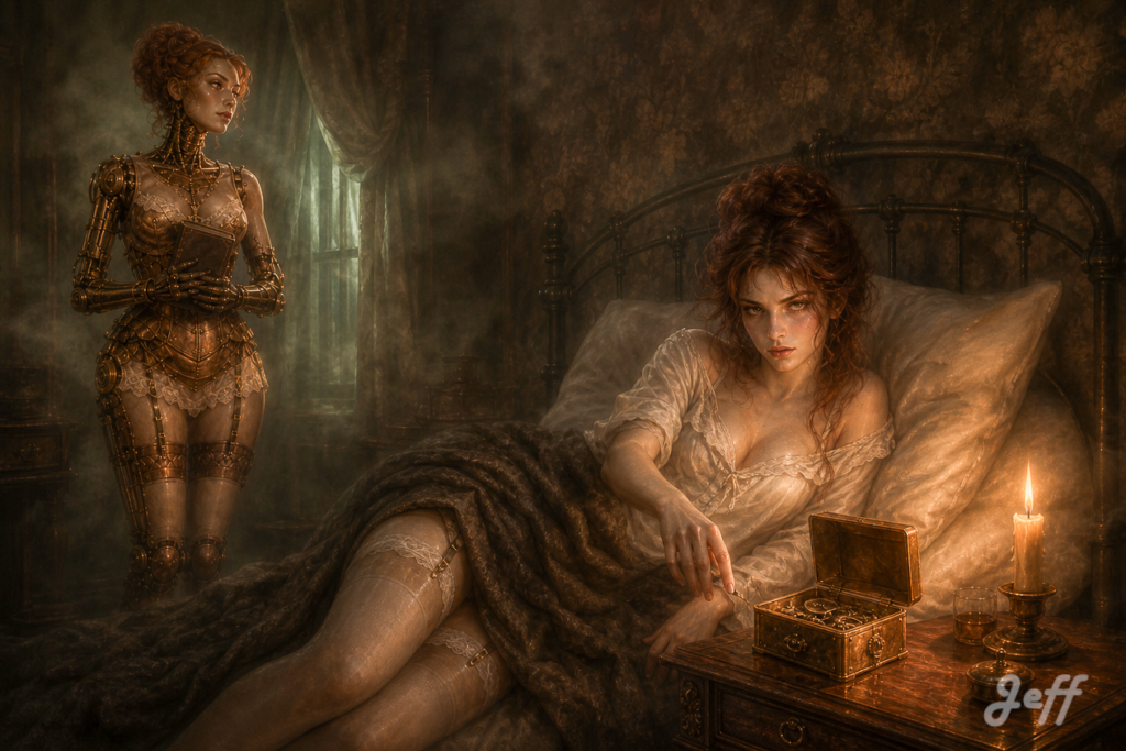 sherlock_holmes, victorian_pinup, airbrush_illustration, gibson_girl, gynoid_watson, baker_street_bedroom, feigned_illness, spring_box_trap, poison_green_accent, candlelight