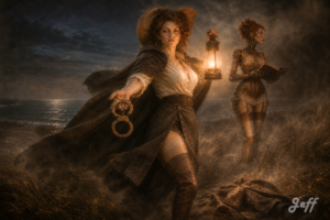 sherlock_holmes, victorian_pinup, airbrush_illustration, gibson_girl, gynoid_watson, kent_coastline, night_exterior, wwi_espionage, handcuffs_reveal, north_sea, last_bow