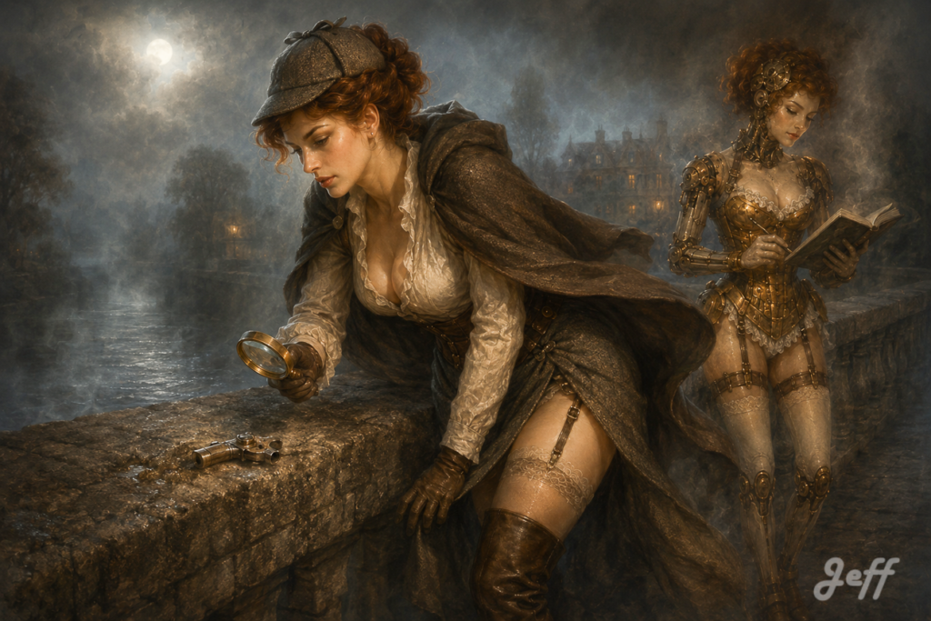 Sherlock_Holmes, victorian, pin-up, Gibson_Girl, gynoid, airbrush, fog, bridge