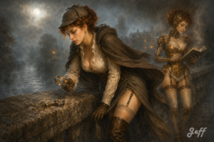 Sherlock_Holmes, victorian, pin-up, Gibson_Girl, gynoid, airbrush, fog, bridge