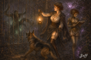 Sherlock_Holmes, victorian, pin-up, Gibson_Girl, gynoid, airbrush, supernatural, night