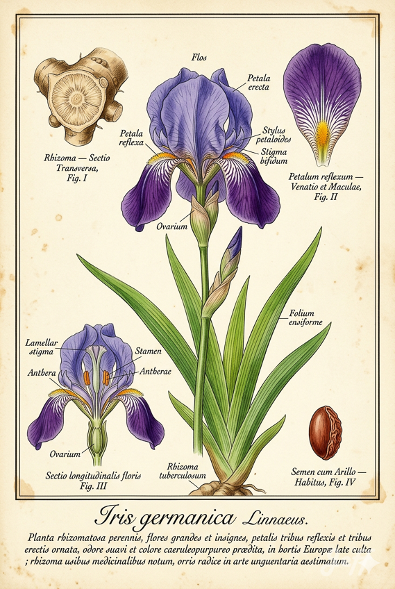 18th_century, botanical_plate, watercolor_engraving, latin_nomenclature, natural_history, redoute_style, iris_germanica, scientific_illustration