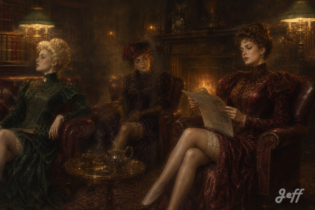 diogenes_club, victorian_pinup, airbrush_illustration, gibson_girl, edwardian_ladies, pall_mall_salon, absolute_silence, leather_armchairs, burgundy_velvet, fireplace_glow, no_holmes_no_watson
