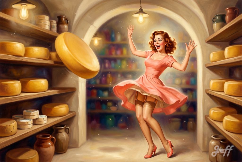 airbrush, 1950s-pin-up, cheese-cellar, physical-gag, auburn-pin-up, warm-palette, elvgren-style, joyful