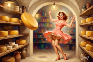 airbrush, 1950s-pin-up, cheese-cellar, physical-gag, auburn-pin-up, warm-palette, elvgren-style, joyful