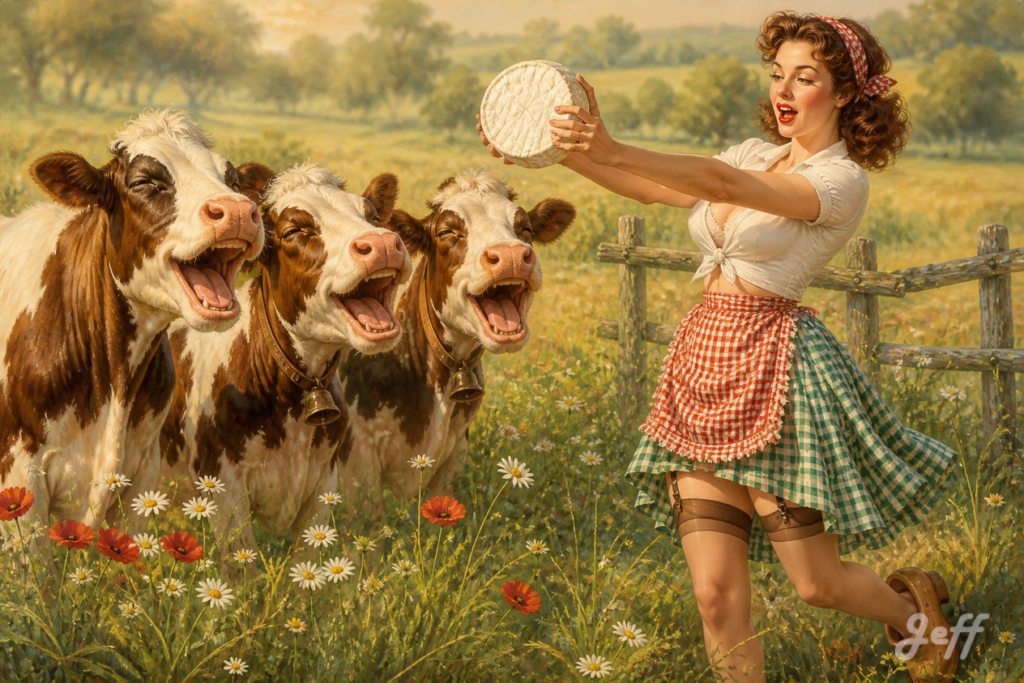 cottagecore, farmyard, literal-gag, smiling-cows, pastoral, 1940s-pin-up, golden-meadow, artisan-cheese