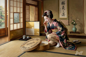 taisho-era, geisha, cultural-anachronism, french-cheese, oil-painting, rich-palette, 1920s-japan, involuntary-witness