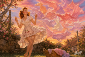 cottage-core, elvgren-soft, golden-hour, reversal-gag, pink-lavender, countryside, laundry-line