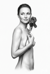 aslan-style, graphite-drawing, hyperrealist, black-and-white, iris-flower, nude-art, intimate, studio-light