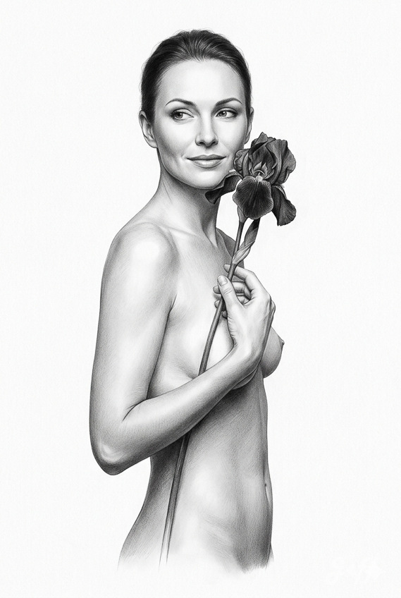 aslan-style, graphite-drawing, hyperrealist, black-and-white, iris-flower, nude-art, intimate, studio-light