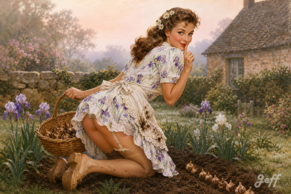 cottagecore, dawn-garden, secret-planting, shared-secret, iris-bulbs, soft-morning-light, botanical, vintage-american