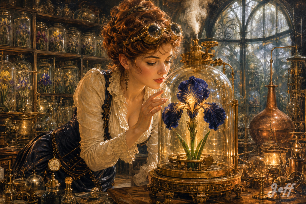 steampunk, belle-epoque, botanical-laboratory, glamour, gibson-girl, iris-blue, victorian, clockwork-dome