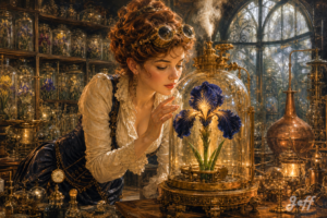 steampunk, belle-epoque, botanical-laboratory, glamour, gibson-girl, iris-blue, victorian, clockwork-dome