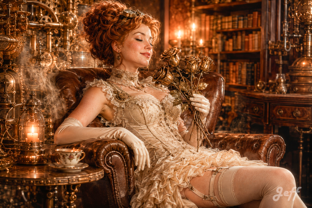 steampunk, belle-epoque, gibson-girl, boudoir, copper-gold, brass-roses, glamour, victorian-sensuality