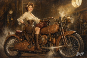 steampunk, belle-epoque, gibson-girl, oil-painting, copper-tones, glamour, victorian, atmospheric