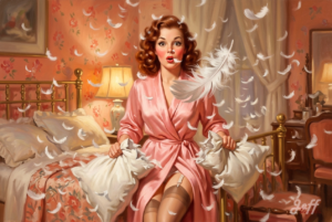 airbrush, pin-up, 1950s, feathers, bedroom, slapstick, warm palette, #feathers