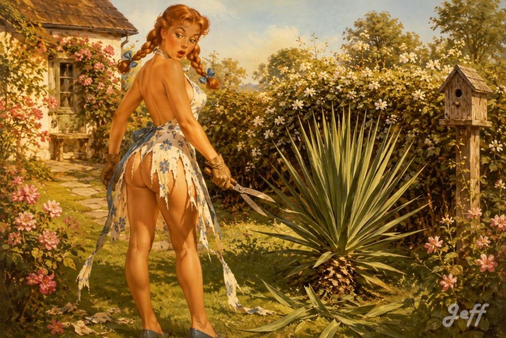 cottagecore, airbrush, gardening, pin-up, English garden, summer, golden light, #yucca