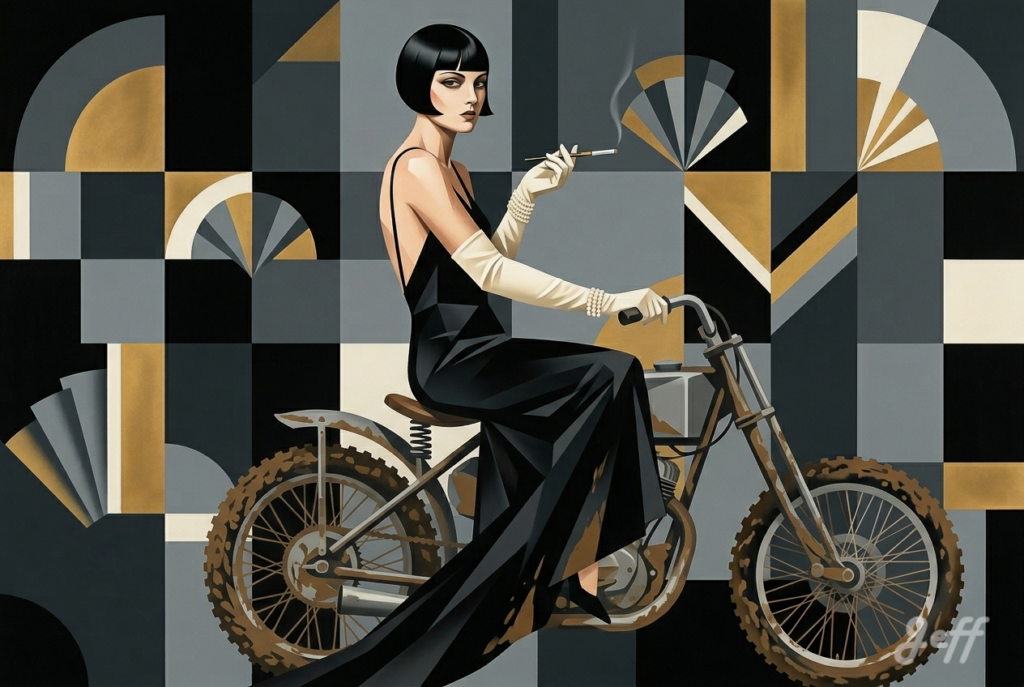 art-deco, annees-folles, geometric, lempicka, register-clash, flapper, black-and-gold, airbrush-painting