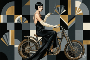 art-deco, annees-folles, geometric, lempicka, register-clash, flapper, black-and-gold, airbrush-painting