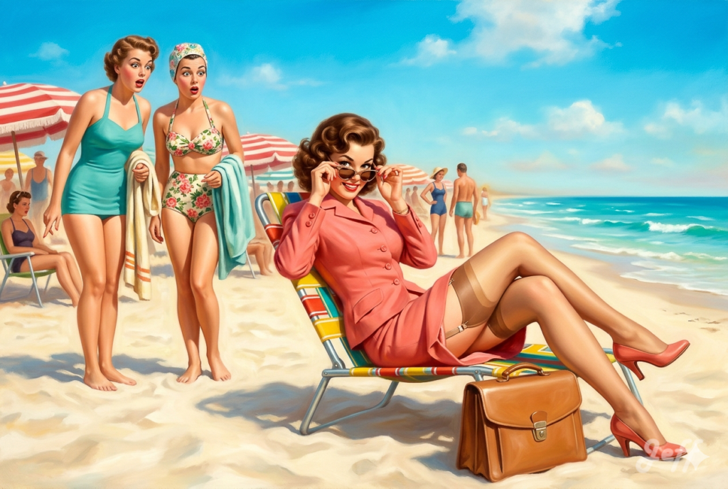airbrush-painting, 1950s-pinup, beach-comedy, register-shift, coral-palette, gil-elvgren, summer-gag
