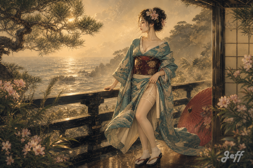 taisho_geisha, seaside_vacation, kamakura_coast, celadon_kimono, oniric_atmosphere, golden_mist, silk_stockings_1920
