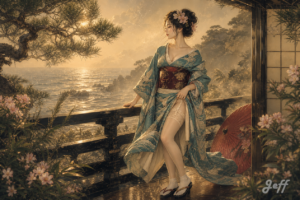 taisho_geisha, seaside_vacation, kamakura_coast, celadon_kimono, oniric_atmosphere, golden_mist, silk_stockings_1920