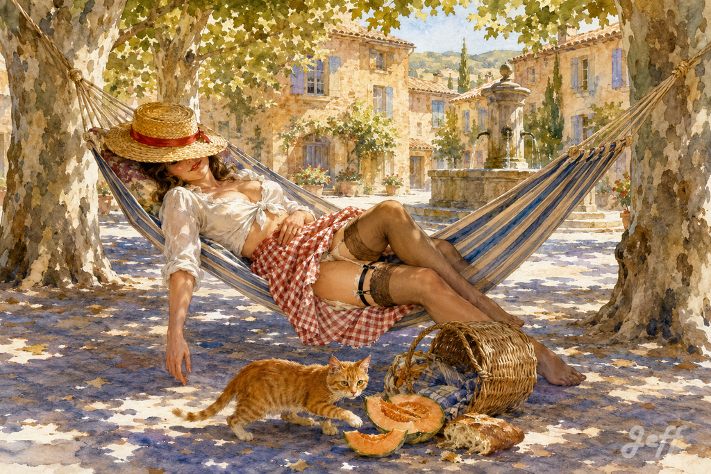 siesta,pinup,pinupart,vintagepinup,glamourart,digitalart,aiart,provencestyle,frenchcountryside,ginghamdress,watercolorart