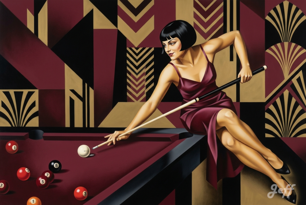 art-deco, garçonne, 1920s, billiard, geometric, tamara_de_lempicka, bordeaux, register_shift, #niceshot