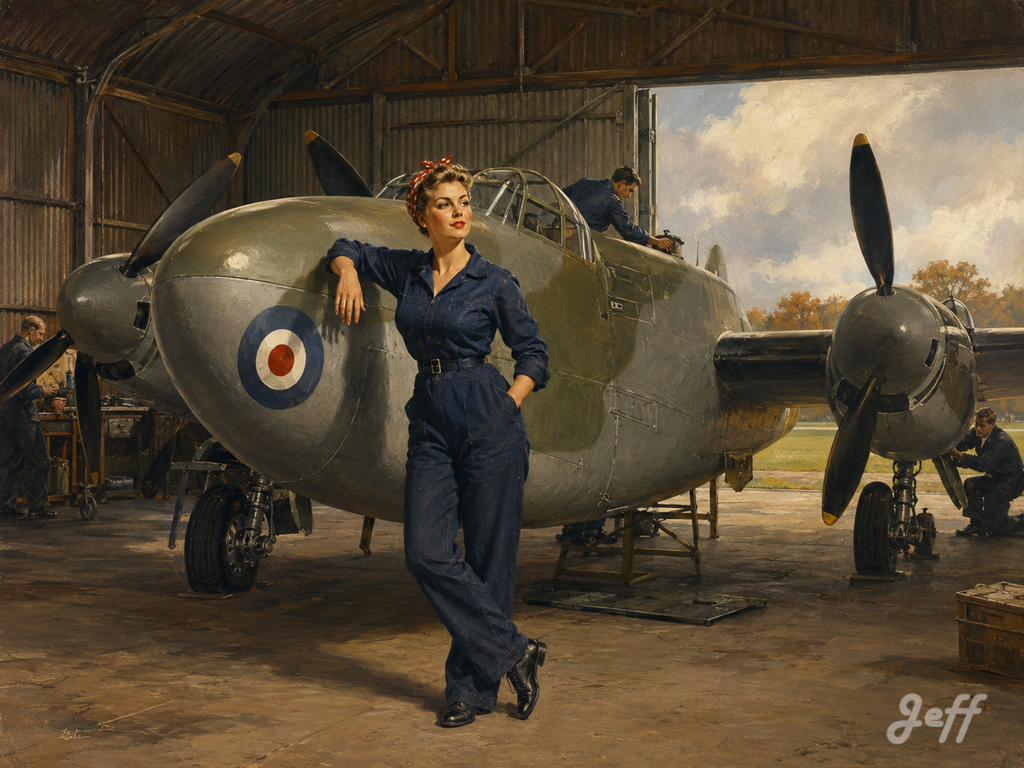 mosquito,pinup,pinupart,vintagepinup,glamourart,digitalart,aiart,classiccar,vintagevehicle,automotive,motorheritage