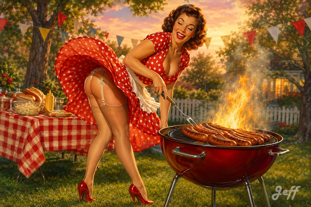 bratwurst,pinup,pinupart,vintagepinup,glamourart,digitalart,aiart,airbrushart,elvgrenstyle,aerographe,pinupclassic