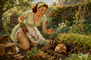 hamster,pinup,pinupart,vintagepinup,glamourart,digitalart,aiart,cottagecore,countryside,botanical,rusticstyle