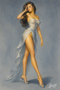 pinup,pinupart,vintagepinup,glamourart,digitalart,aiart,vargasgirl,esquirestyle,minimalistpinup,elongatedfigure