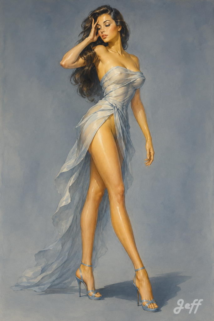 pinup,pinupart,vintagepinup,glamourart,digitalart,aiart,vargasgirl,esquirestyle,minimalistpinup,elongatedfigure