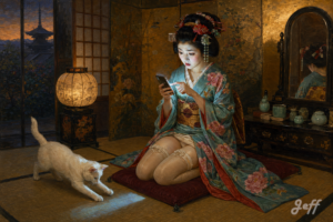 pinup,pinupart,vintagepinup,glamourart,digitalart,aiart,kimono,taishoromance,japandoll,orientalglamour