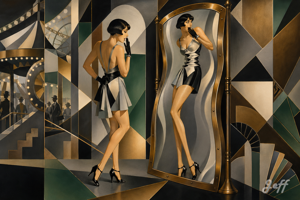 illusion,pinup,pinupart,vintagepinup,glamourart,digitalart,aiart,artdeco,flapper,garconne,lempickastyle