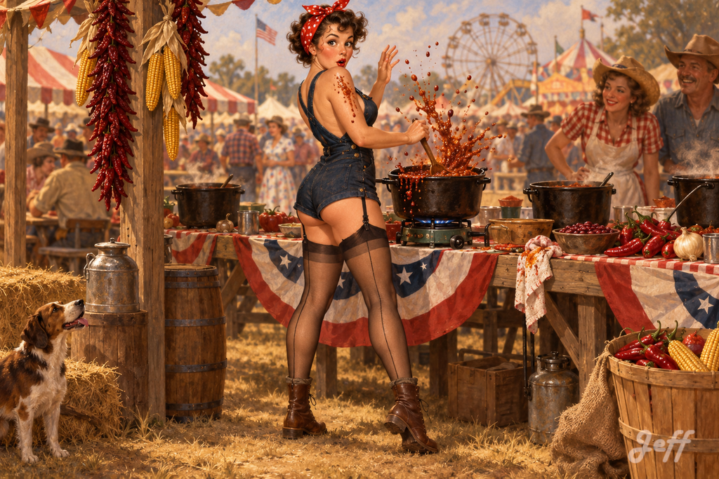 chili,pinup,pinupart,vintagepinup,glamourart,digitalart,aiart,rosiepinup,warworker,denimoverall,workwear