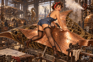 lesmachinesdelile,iledenantes,nantes,pinup,pinupart,vintagepinup,glamourart,digitalart,aiart,rosiepinup,warworker,denimoverall,workwear