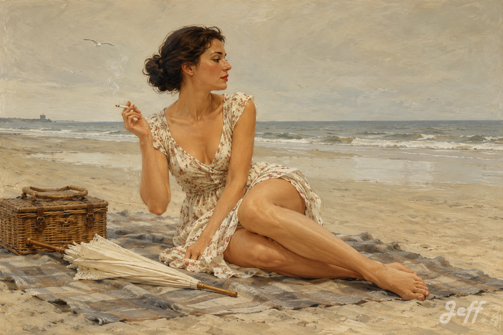coast,pinup,pinupart,vintagepinup,glamourart,digitalart,aiart,vettrianostyle,oilpainting,cinematicglamour,narrativetension