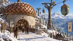 steampunk, biomechanical, biomorphic, biomimicry, copper, brass, patina, concrete, acorn, gondola, cablecar, skistation, winterresort, fantasyillustration, conceptart, digitalpainting, mechanicaldesign, naturetech, daylight, snow