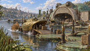 steampunk, biomechanical, biomorphic, biomimicry, copper, brass, patina, concrete, frog, frogboat, riverport, lilypad, fantasyillustration, conceptart, digitalpainting, mechanicaldesign, naturetech, daylight