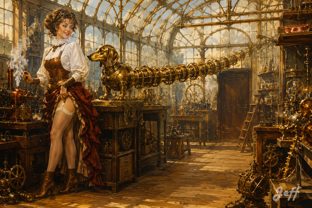 dachshund,pinup,pinupart,vintagepinup,glamourart,digitalart,aiart,steampunk,victorianera,brassgoggles,brasssteam