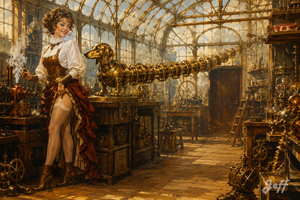 dachshund,pinup,pinupart,vintagepinup,glamourart,digitalart,aiart,steampunk,victorianera,brassgoggles,brasssteam