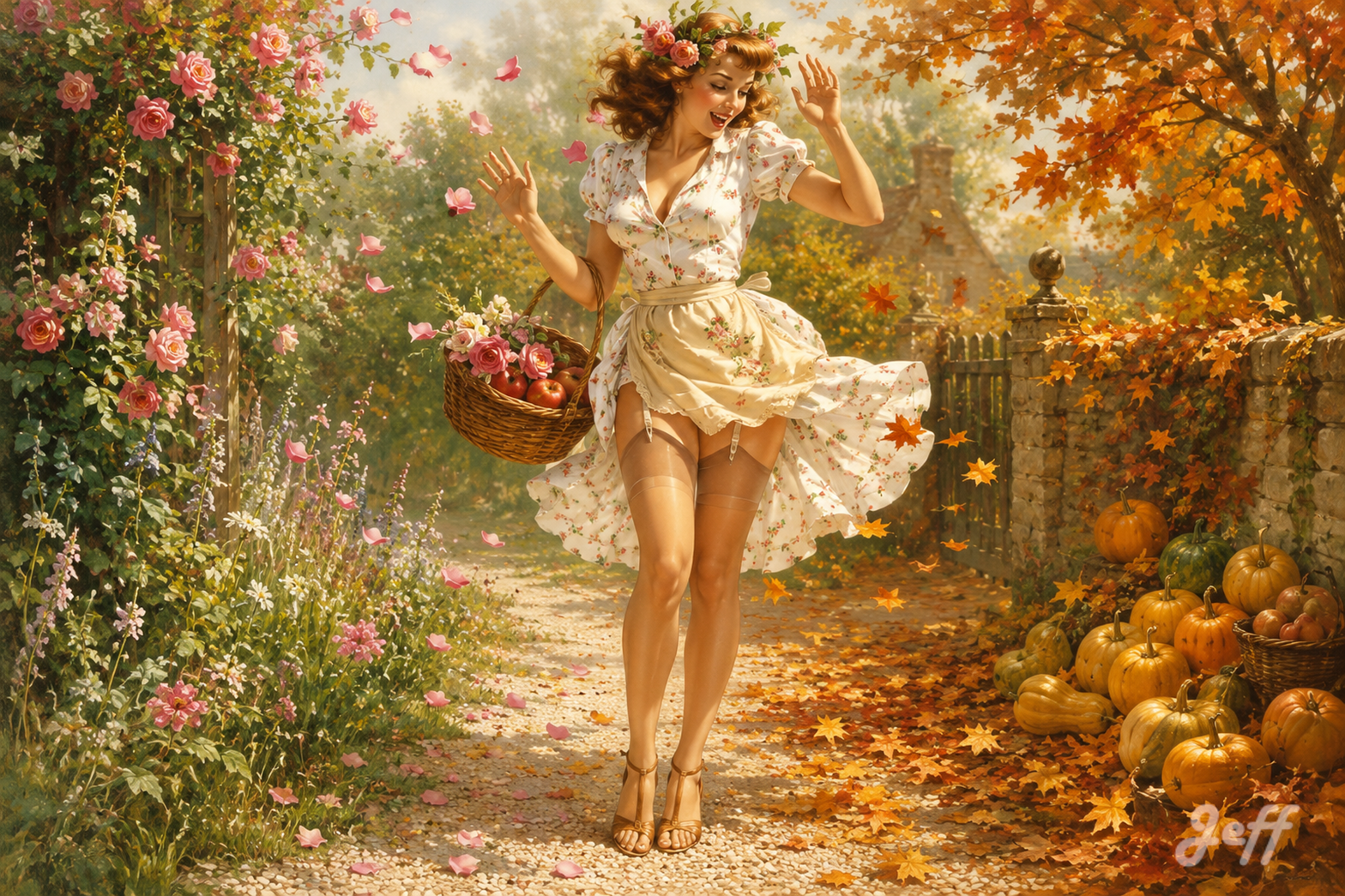 transition,pinup,pinupart,vintagepinup,glamourart,digitalart,aiart,cottagecore,countryside,botanical,rusticstyle
