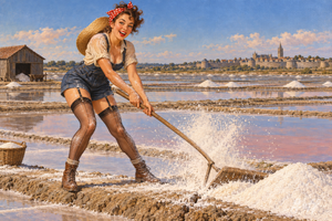 guerande,bretagne,maraissalants,pinup,pinupart,vintagepinup,glamourart,digitalart,aiart,rosiepinup,warworker,denimoverall,workwear