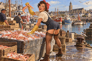 lecroisic,presquiledeguerande,loireatlantique,pinup,pinupart,vintagepinup,glamourart,digitalart,aiart,rosiepinup,warworker,denimoverall,workwear