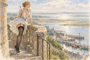 lecroisic,presquiledeguerande,loireatlantique,pinup,pinupart,vintagepinup,glamourart,digitalart,aiart,watercolorpinup,belleepoque,parisianpark,impressionistart